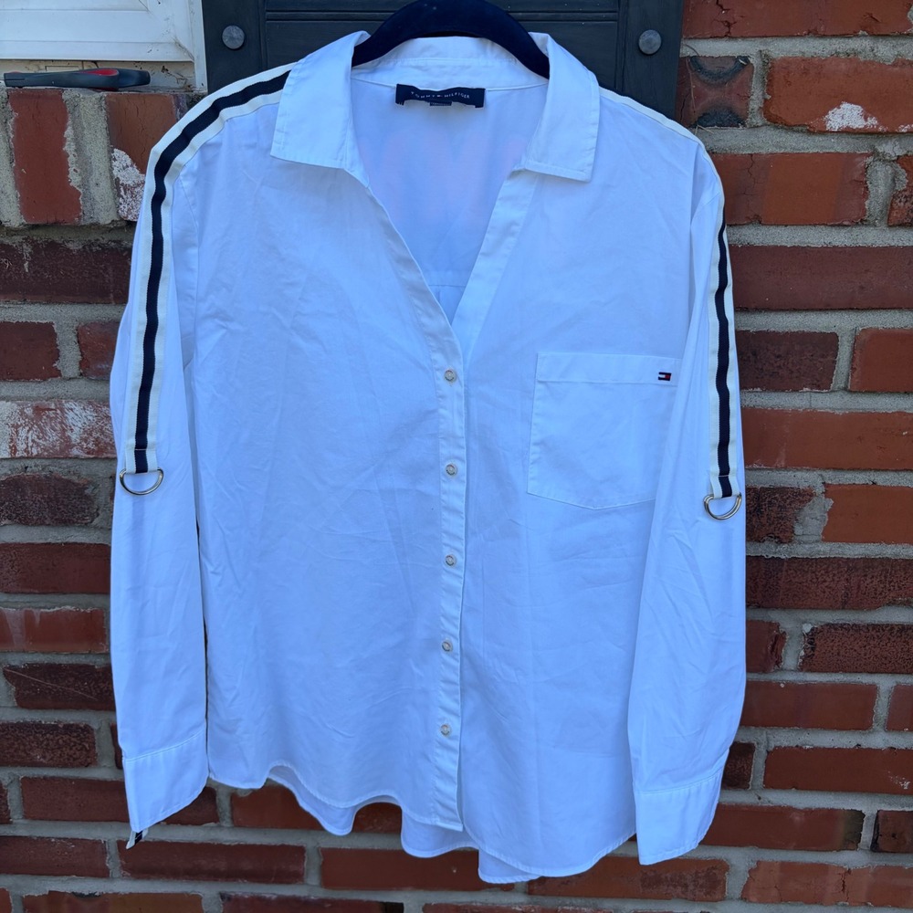Tommy Hilfiger Womens White Button Down Shirt Striped Sleeve D-Ring Large